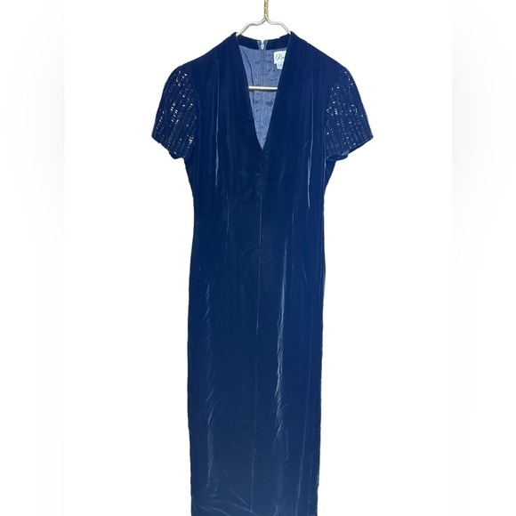 Stunning Velvet Sequin Short Sleeve Full Length Dress W/Sexy High Slit Vintage 8 - Picture 2 of 14